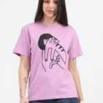 Cat Girl Printed Round Neck T shirt Lavender