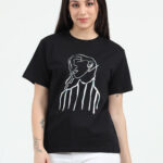 Girl Face Printed Round Neck T shirt Black