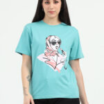 Modern Girl Printed Round Neck T shirt Turquoise
