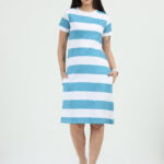 Stripes Printed Womens Long Dress White/Blue