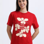 Flower Printed Round Neck T shirt Red