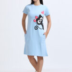 Cat Printed Women's Long Dress Powder Blue