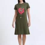 Flower Foil Printed Women's Long Dress Olive Green