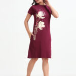 Flower Printed Women Long Dress Maroon