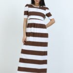 Full length pure coton maternity wear Brown White Stripes