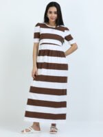 Full length pure coton maternity wear Brown White Stripes