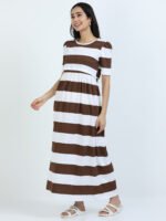 Full length pure coton maternity wear Brown White Stripes - Image 4