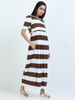 Full length pure coton maternity wear Brown White Stripes - Image 5