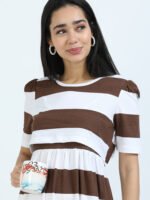 Full length pure coton maternity wear Brown White Stripes - Image 7