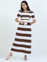 Full length pure coton maternity wear Brown White Stripes - Image 2