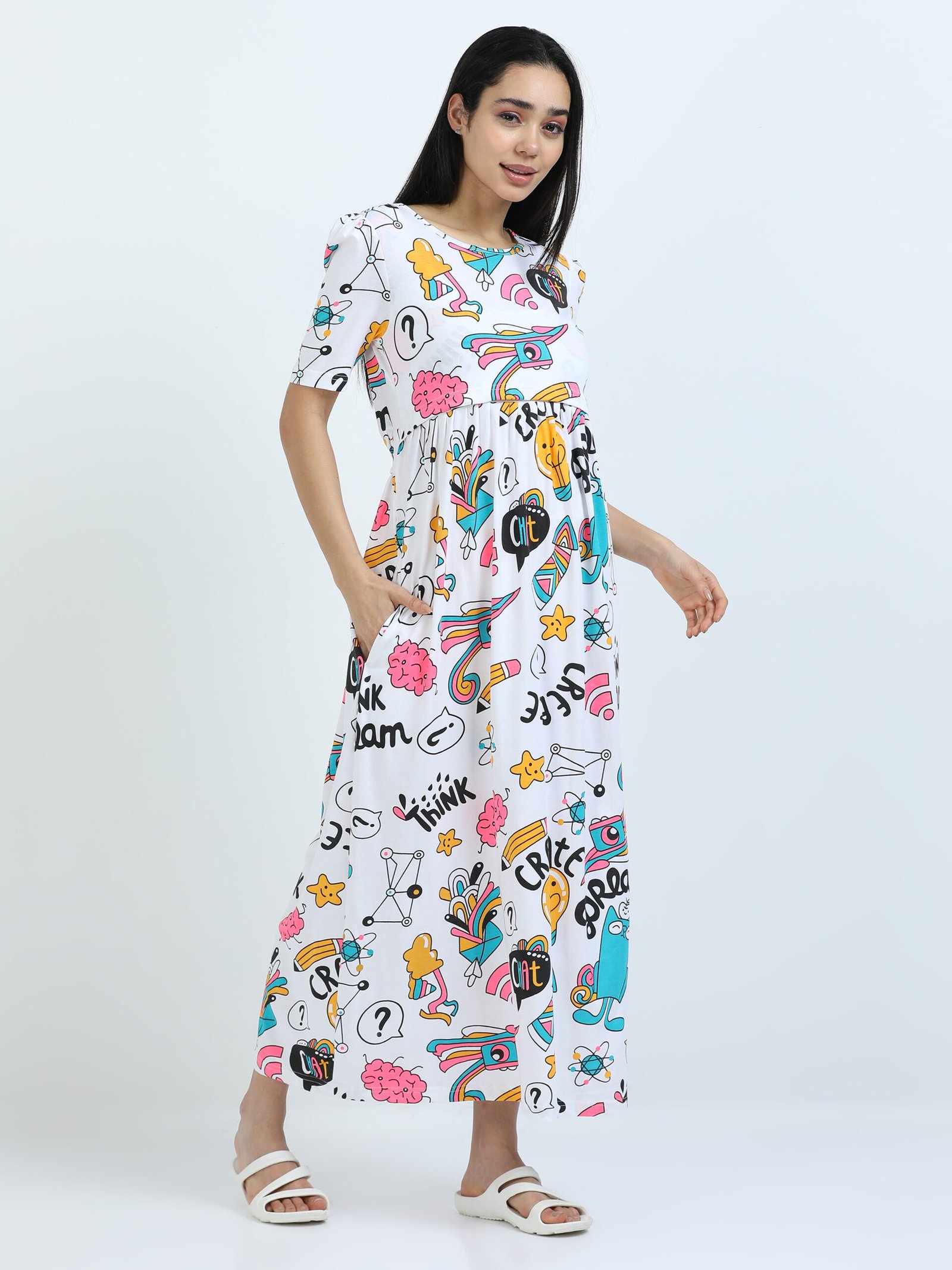4M6A0310 Full length pure coton maternity wear Doodle White - Image 1