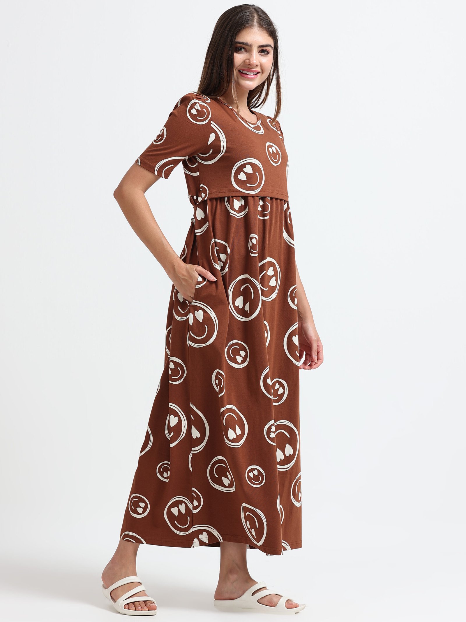 0A0A2355 Full length pure coton maternity wear Smily Brown - Image 1