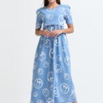 Full length pure coton maternity wear Smily blue